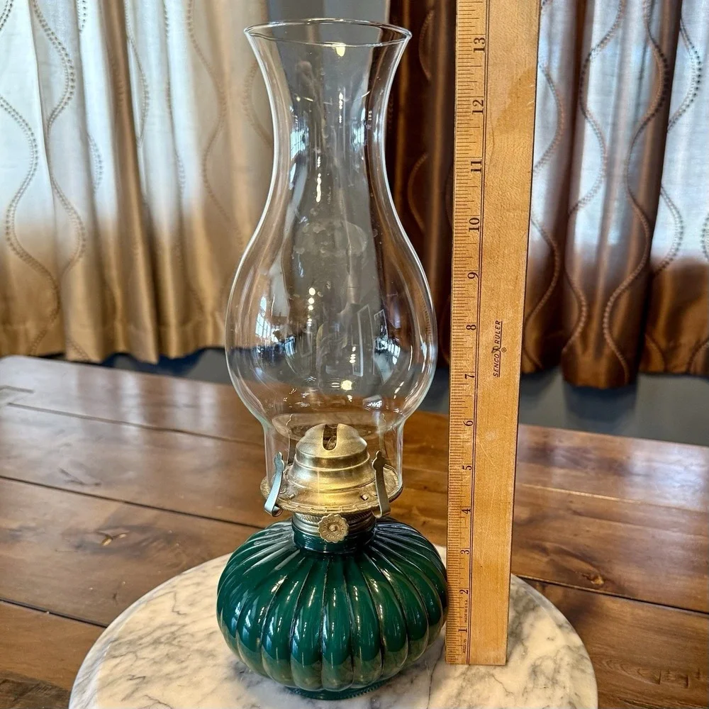 VTG Pumpkin Oil Lantern Lamp Lamplight Farms Green Glass Cottagecore 330 USA 13
